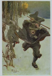 Chased o doutor Wilkinson na própria cidade muito, ilustração "do lobo de Salem" por Howard Pyle, bar. na Harper&39;s Magazine, 1909 (cor lito)