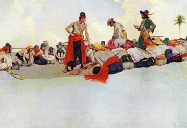 Partilhando o tesouro entre os piratas reunidos em círculo. Ilustração do "Livro dos Piratas Bucaneiros e Maroonheiros do Principal Espanhol" de Howard Pyle (1853-1911), ilustrador americano