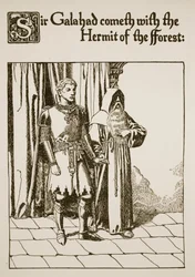 Sir Galahad vem com o Eremita da Floresta, ilustração de "A História do Graal e a Passagem de Arthur", c.1910