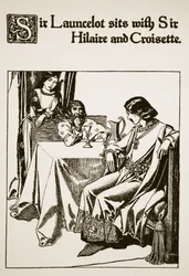 Sir Lancelote senta-se com Sir Hilaire e Croisette, ilustração de "A História dos Campeões da Mesa Redonda"