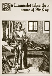 Sir Lancelote leva a armadura de Sir Kay, ilustração de "A História dos Campeões da Mesa Redonda"