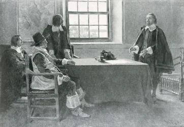 Sir William Berkeley Rendendo-se aos comissários da Commonwealth, ilustração de "In Washington&39;s Day", de Woodrow Wilson, pub. em Harper&39;s Magazine, 1896 (lito)