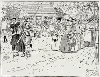 A chegada das moças em Jamestown, 1621, da Harper&39;s Magazine, 1883