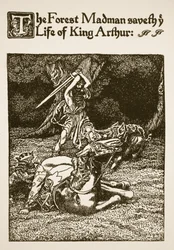 O louco da floresta salva a vida do rei Artur, ilustração de "The Story of Sir Launcelot and his Companions" (A história de Sir Launcelot e dos seus companheiros)
