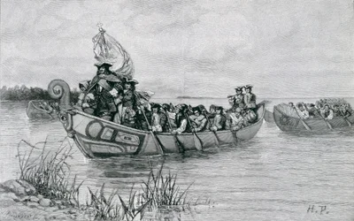 A aterragem de Cadillac, ilustração "da cidade do estreito" por Edmund Kirke, bar. em Harper&39;s Magazine, 1886