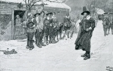 O regulador puritano que interrompe os esportes do Natal, gravado por J. Bernstrom, ilustração de "Natal" por George William Curtis, bar. na revista Harper&39;s, 1883