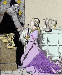 A taxa Viviane cativa Merlin, o Encantador. Ilustração de Howard Pyle (1853 - 1911), ilustrador americano