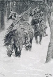 Viajando em Frontier Days, ilustração "da cidade de Cleveland" por Edmund Kirke, bar. em Harper&39;s Magazine, 1886