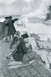Observando a Batalha de Bunker Hill, ilustração de «Colonies and Nation», de Woodrow Wilson, publicada na Harper