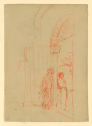 Desenho, esboço: Num portão, possivelmente 1888