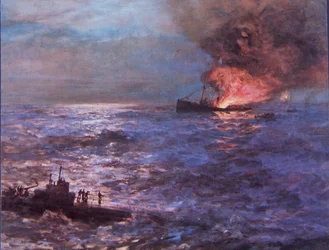 Navio mercante desembarcado pelo submarino alemão na 2ª Guerra Mundial (cor litho)