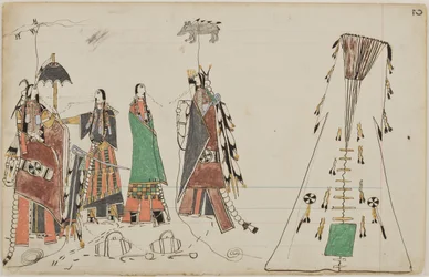 Lobo Uivando e Urso de Penas Estão Cortejando Duas Garotas na Primavera Onde Estavam Pegando Água (caneta, tinta, & wc em papel de livro)