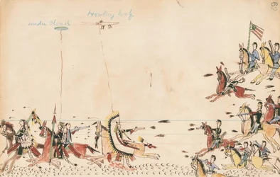 Under Cloud e Howling Wolf lutam com o General Sully em 1868, 7th Cavy perto do Present Camp Supply, 1874-75 (caneta, tinta e papel de contabilidade)