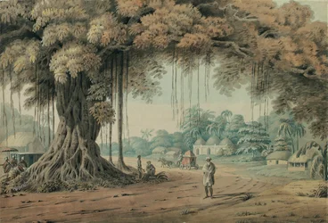 Portadores de palanquim e homens santos descansando sob uma árvore de banyan na entrada de uma vila, Bengala