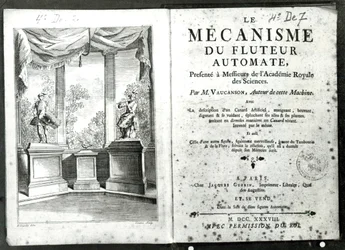 Automatons, ilustração do frontispício de "Le Mecanisme du fluteur automate" de Jacques de Vaucanson, gravada por François Vivares (1709-80) 1738