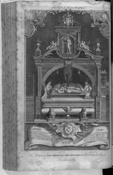 O Monumento a Henrique II e Ricardo I na Abadia de Fontevrault, gravado por John Goldar, 1786