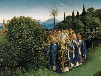 Detalhe da Adoração do Cordeiro Místico, a partir do painel central do Altar de Gand (óleo sobre painel)