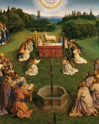 A Adoração do Cordeiro Místico, a partir do Altar de Gand, detalhe da metade inferior do painel central