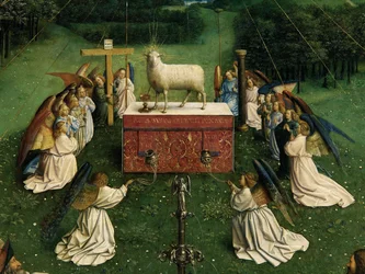 A Adoração do Cordeiro Místico, a partir do Altar de Gand, detalhe da metade inferior do painel central
