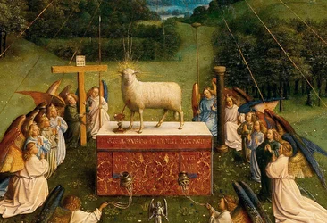 A Adoração do Cordeiro Místico, a partir do Altar de Gand, detalhe da metade inferior do painel central