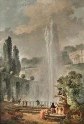 Paisagem de jardim com uma villa com vista para uma grande fonte