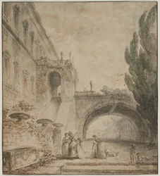 Um palácio com uma ponte em arco (uma villa romana)