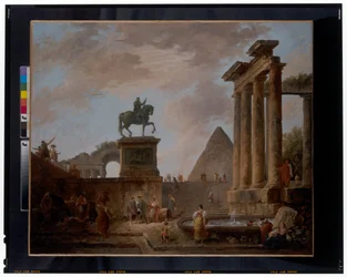 Um capricho com trovadores e lavadeiras junto a uma bacia entre ruínas romanas, com uma pirâmide mais além, c.1780 (óleo sobre tela)