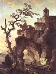 Ruínas arquitetônicas em uma paisagem rochosa (óleo sobre tela)
