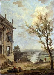 Capriccio Italianate paisagem com o Palazzo Nuovo Capitolino e gente gentil em um terraço, um rio além