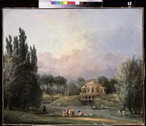 Num parque. Pintura de Hubert Robert (1733-1808), óleo sobre tela, ca. 1770-1780, arte francesa. Museu Estatal Arkhangelskoye Estate, Moscovo.