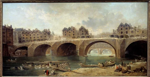 Demolição das casas da Ponte Notre Dame em Paris em 1786 Pintura de Hubert Robert (1733-1808) 1788 Sol. 0,73x1,4 m
