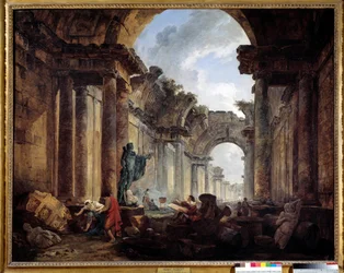 Vista imaginária da Grande Galeria do Louvre em ruínas, pintura de Hubert Robert (1733-1808), sol, 1,14 x 1,46 m