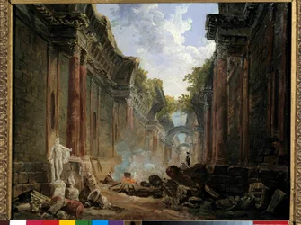 Vista imaginária da Grande Galerie du Louvre em ruínas Pintura de Hubert Robert (1733-1808) Sol do século XVIII. 0,32x0,4 m.