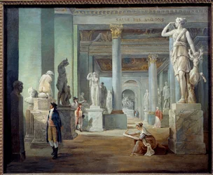 La salle des saisons au musee du Louvre Pintura de Hubert Robert (1733-1808) 1802 Sol. 0,37x0,46 m - A sala das estações no Museu do Louvre. Pintura de Hubert Robert (1733-1808) 1802. 0,37 x 0,46 m. Museu do Louvre, Paris