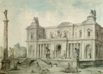 Le Musée des Antiques, c.1800 (giz, caneta e tinta e wc no papel)