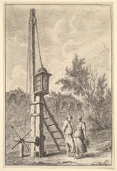 Placa 9: A polia: um homem e uma mulher conversando à direita, uma lanterna pendurada em um poste..., ca. 1763-64.