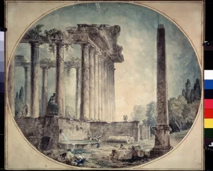 "Ruines antiques et obelisque" Aquarelle d