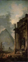 Ruínas com pirâmide. Pintura de Hubert Robert (1733-1808), óleo sobre tela