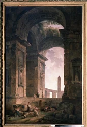 Ruínas com um obelisco. Pintura de Hubert Robert (1733-1808), óleo sobre tela