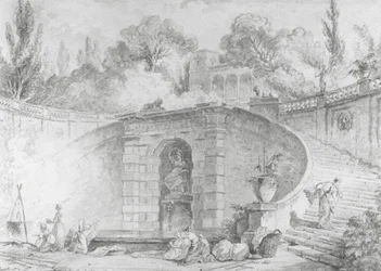 The Large Staircase, 1761-1765 (caneta e tinta preta, pincel e cinza lavados e aquarela sobre giz preto desenhado em papel branco sujo, com marca d&39;água)