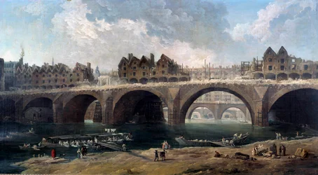 A demolição das casas na ponte Notre-Dame (Notre Dame) em Paris em 1786 Sur la Seine, uma lavagem de barcos. pintura de Hubert Robert (1733-1808) 1786 Sun. 0,86x1,59 m Paris, Musee Carnavalet