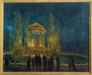 O mausoléu temporário de Jean Jacques Rousseau (1712-1778) na bacia das Tuileries antes da tradução de suas cinzas para a Pintura do Panteão por Hubert Robert (1733-1808) 1794 Sol. 0,65x0,8 m Paris, Musee Carnavalet