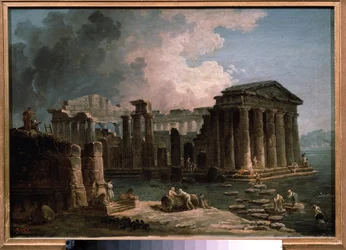 Um templo cercado por águas. Pintura de Hubert Robert (1733-1808), óleo sobre tela, cerca de 1780, arte francesa. Museu Estadual de Belas Artes A. Pushkin, Moscou.