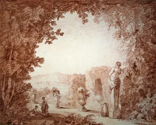 Vista de um jardim com estatuária (giz vermelho sobre papel)