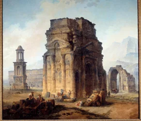 Vista do Arco do Triunfo e do Teatro de Pintura Laranja de Hubert Robert (1733-1808) Sol do século XVIII. 2,42x2,42 m