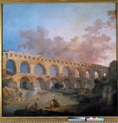 Vista da ponte do Jardim Pintura de Hubert Robert (1733-1808) Sol do século XVIII. 2,42x2,42 m - Vista da Pont du Gard (França). Pintura de Hubert Robert (1733-1808)