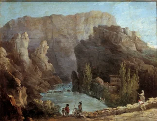 Vista da fonte Vaucluse Painting de Hubert Robert (1733-1805) Avignon do século XVIII, Musee Calvet.