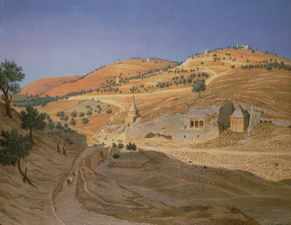 Uma paisagem montanhosa com árabes e um templo em ruínas