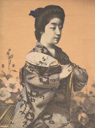 Menina carregando um leque de papel redondo Uchiwa, ca. 1900