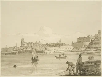 Parte do porto flutuante entre Ropewalk e Canon "s Marsh, mostrando St Mary Redcliffe e a parte de trás de New Gaol, 1822